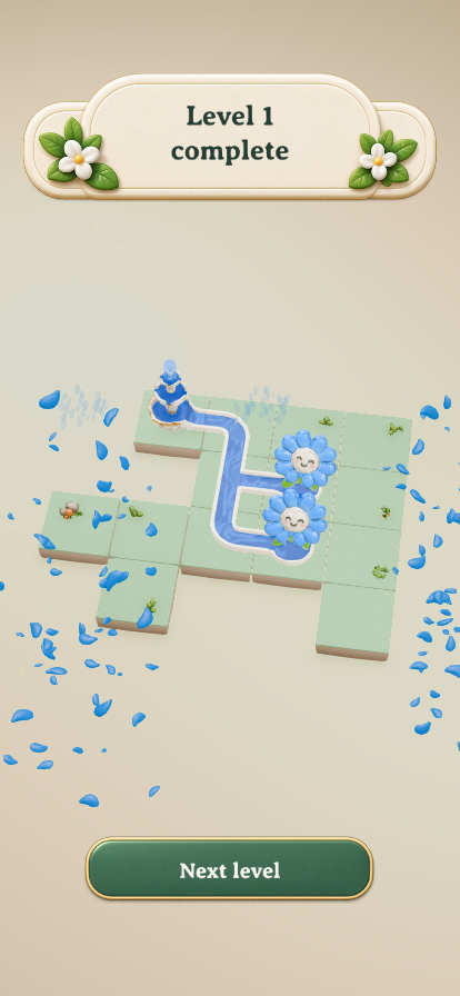 A completed Water Bloom puzzle: blue water flows through ceramic channels into two smiling blue flowers.