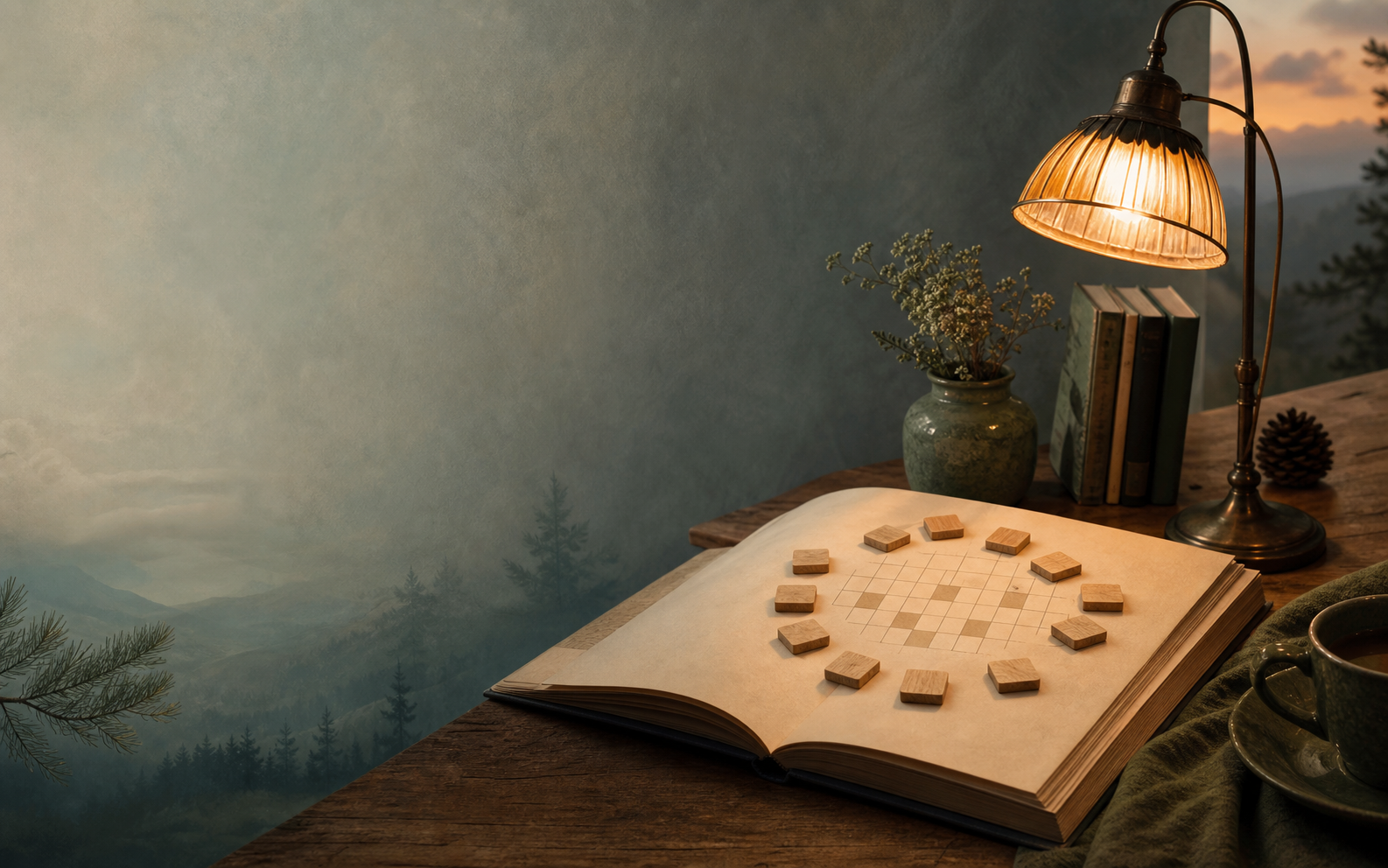 A warmly lit desk with a blank crossword grid, letter tiles, and a reading lamp