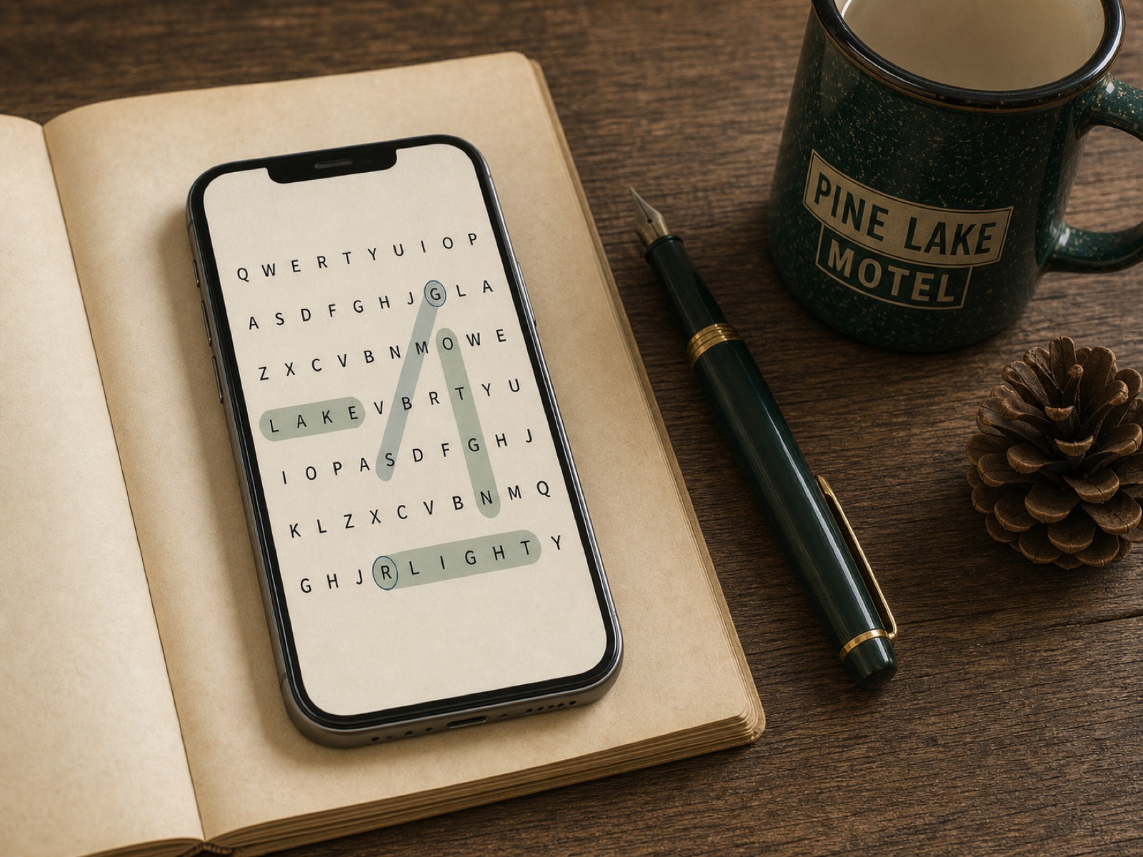 Quiet Pages open on a calm summer word-search scene