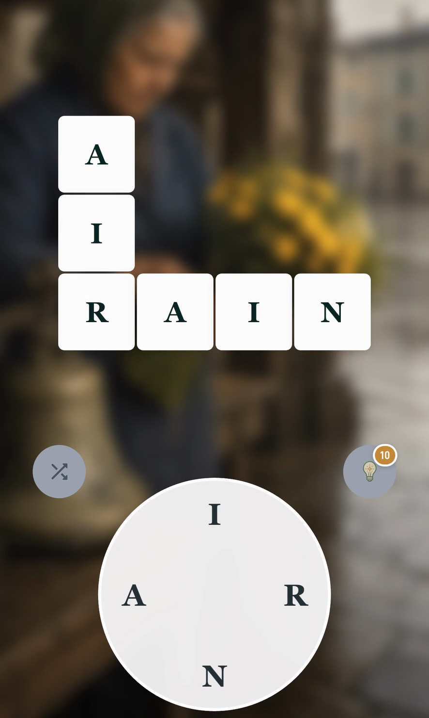 A real Quiet Crossword puzzle with AIR and RAIN filled in the grid and I, A, R, N in the letter wheel