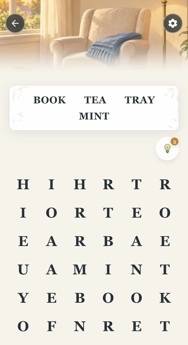 A real Quiet Pages puzzle with BOOK, TEA, TRAY and MINT hidden in a letter grid